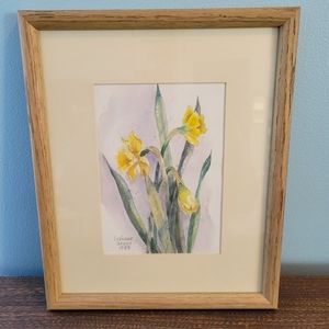 Vintage Art Watercolor Daffodils Framed Signed Laverne Gross 1989